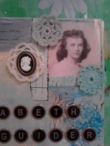 Detail of the cameo, dolies, and typewriter keys.